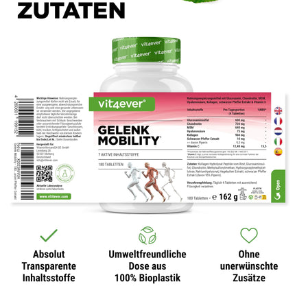 Joint Mobility - 180 tablets - High dose with 7 active ingredients: Glucosamine + Chondroitin + MSM + Hyaluronic Acid + Collagen + Vitamin C + Black Pepper Extract