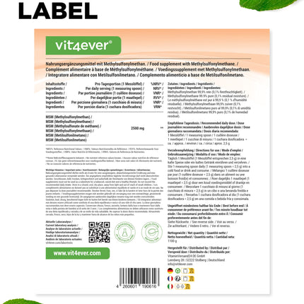 MSM Powder - 1.1 kg (1100 g) - 99.9% pure crystalline methylsulfonylmethane - Mesh factor 40-80 - Organic sulfur - Vegan