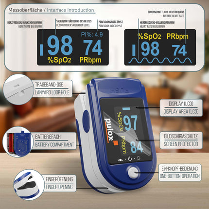 Pulse oximeter PULOX PO-200 Solo in blue Finger pulse oximeter for measuring pulse and oxygen saturation on the finger