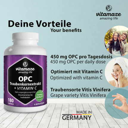 OPC grape seed extract capsules, certified, high-dose: 450 mg pure OPC, 180 capsules for 6 months, natural food supplement without additives, Made in Germany