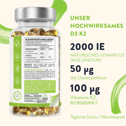 Vitamin D3 K2 high dose with virgin olive oil - Vitamin D high dose 2000 IU + Vitamin K2 MK7 100μg - Sunshine vitamins Vitamin D K2 GMO-, gluten- and lactose-free 180 Vitamin D3 K2 capsules high dose