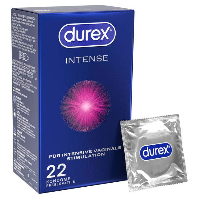 Durex Intense Condoms – With nubs, ribs &amp; moistened with Desirex gel – Perfect fit &amp; easy unrolling – 22 condoms (1 pack)
