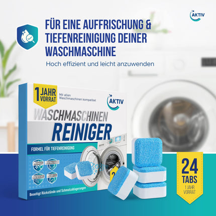 Active 24x Washing Machine Cleaner Tabs extra strong against odor &amp; limescale - Washing machine cleaner with formula for deep cleaning - Washing machine hygiene cleaning 1 year supply