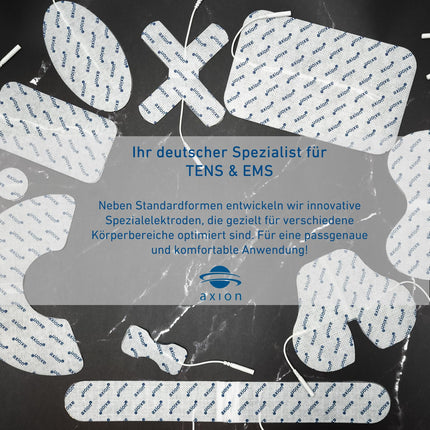 16 TENS EMS electrode pads 5x5 cm, reusable adhesive electrodes for TENS devices &amp; EMS trainers, excellent adhesive conductivity, 2mm plug connection - certified medical device - axion®