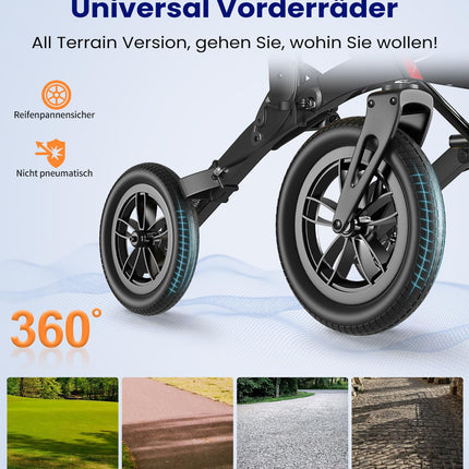 VOCIC Rollator Foldable and Lightweight with Seat, Outdoor Rollator with Rubber Non-Pneumatic Tires for All Terrain, Aluminum Height-Adjustable Rollators for Outdoors &amp; Cross-Country Skiing &amp; Travel, Black (5-Year Warranty)