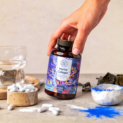 Marine Collagen with Hyaluronic Acid Capsules | 160 Capsules | Marine Collagen Hydrolysate &amp; Marine Elastin with Hyaluronic Acid &amp; Spirulina | Alpha Foods