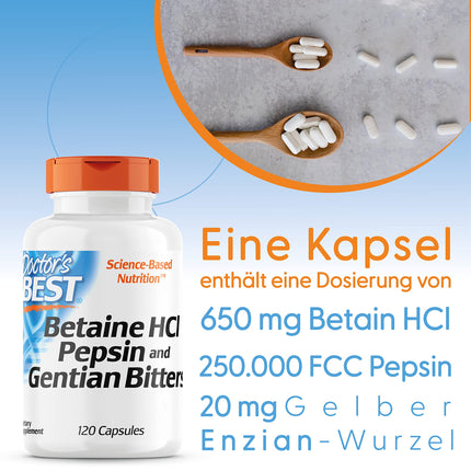 DOCTOR'S BEST Betaine HCI with Pepsin and Bitter Gentian, 650 mg, 120 Softgels, High Dose, Laboratory Tested, Soy-Free, Gluten-Free, Non-GMO, 113 g