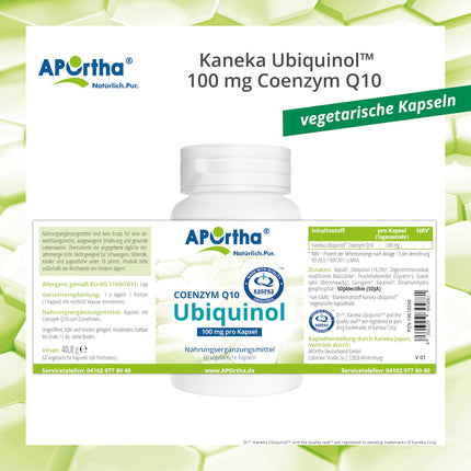 APOrtha Kaneka Ubiquinol Coenzyme Q10 100 mg 60 vegetarian capsules, CoQ10 capsules high dose 100 mg, high bioavailability due to bioactive ubiquinol, double patented raw material
