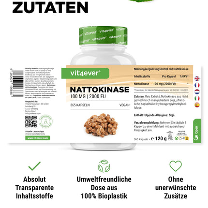 Nattokinase - 365 capsules with 100 mg each (20,000 FU/g) - 12-month supply - Vegan - Non-GMO - No unwanted additives