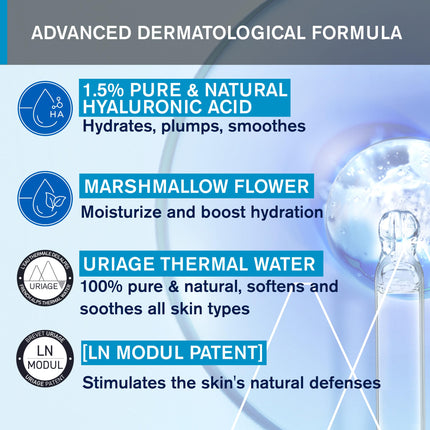 Uriage Hydro-Active HA Booster Serum with 1.5% pure &amp; natural hyaluronic acid - 86% plumped skin. Peachy-soft skin effect, lovely fragrance - Paraben-free - Non-comedogenic - 30 ml