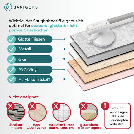 SANIGERS® Grab bar with suction cup - Extra strong hold 110 KG - Grab bar for shower without drilling, grab bars for seniors, bathtub handle without drilling, shower handle with suction cup, suction handle bathroom