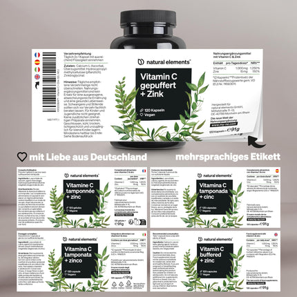Vitamin C - 120 Capsules - High dosage with 1000mg + 15mg zinc - Plant-fermented &amp; buffered (pH-neutral, acid-free, gentle on the stomach) - Laboratory-tested, vegan, and produced in Germany