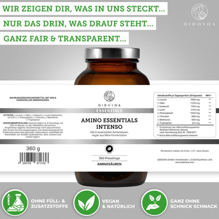 QIDOSHA® Master Amino Acid Complex tablets, formulated by Dr. Moretti, 360 tablets/jar, with 99% net nitrogen utilization (NNU), 8 essential amino acids, 100% vegan