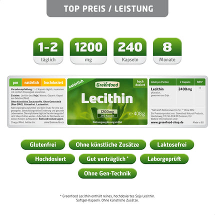 Lecithin, 1200 mg, 240 capsules, high dosage - NO artificial additives. Non-GMO. Softgel capsules.