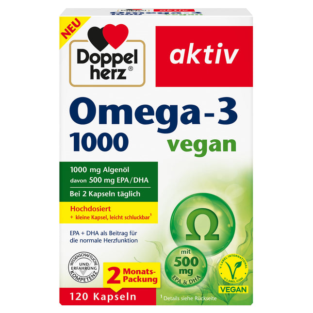 Doppelherz Omega-3 1000 vegan - High-dose omega-3 fatty acids EPA and DHA from vegetable algae oil - 120 small, easy-to-swallow capsules