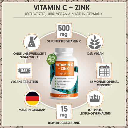 Vitamin C + Zinc (365 tablets) - optimally high dosage: 500 mg buffered vitamin C + 15 mg zinc from bioavailable zinc bisglycinate - immune system &amp; cell protection - laboratory-tested with certificate - 100% vegan