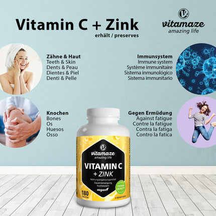 High-dose vitamin C 1000 mg + zinc, vegan &amp; optimally bioavailable, 180 tablets for 6 months, natural food supplement without unnecessary additives, made in Germany