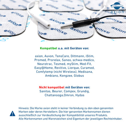 16 TENS EMS electrode pads 5x5 cm, reusable adhesive electrodes for TENS devices &amp; EMS trainers, excellent adhesive conductivity, 2mm plug connection - certified medical device - axion®