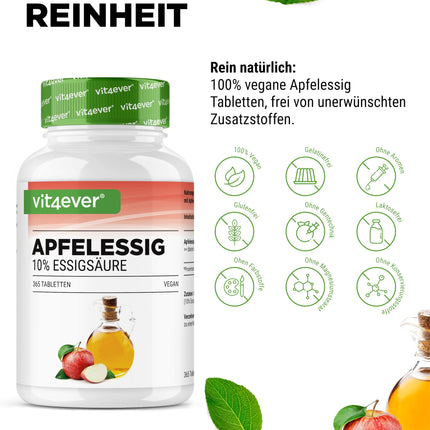 Apple Cider Vinegar - 365 Tablets - High Dose with 1000 mg per Daily Serving - With 10% Apple Acetic Acid - 6 Month Supply - No Unwanted Additives - Vegan