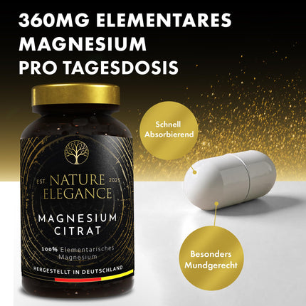 NEOLYMP Magnesium Citrate Capsules High Dose - 360mg elemental magnesium per dose - produced in Germany - vegan, laboratory-tested &amp; sustainable brown glass (Magnesium Citrate 180 Capsules)