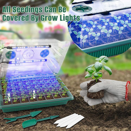 Indoor greenhouse growing box, 2 pieces 80 cell seedling starter trays, starter trays with growth light, with plant lamp, gloves, labels, small gardening tools, for seedling plants.