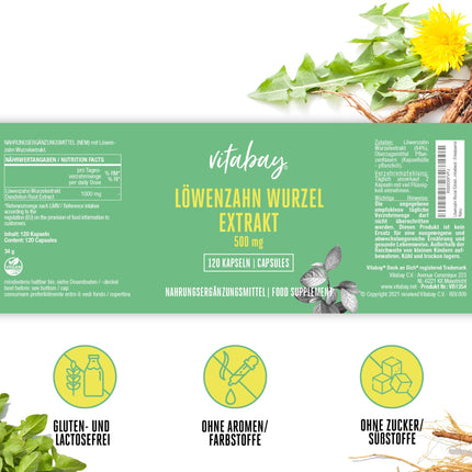 Vitabay Dandelion Root Extract 500mg - 120 Dandelion Capsules High Dose &amp; Vegan - Dandelion Extract Dandelion Extract Dandelions - Dandelion Root Capsules Dandelion Taraxacum Laboratory Tested