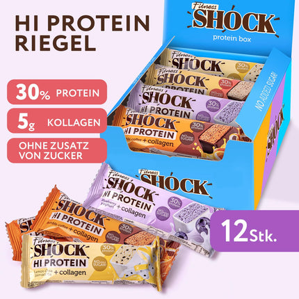 FitnesSHOCK Protein Bar Set Mix Box with high 30% 12g protein content Protein bar without added sugar with 5g collagen low carb high fiber low calorie 12pcs 40g