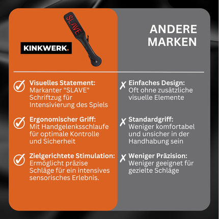 KINKWERK Spanking Paddle (lettering) made of high-quality synthetic leather for men and women | Ergonomic design with wrist strap | Multifunctional BDSM accessory (SLAVE)