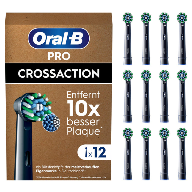 Oral-B Pro CrossAction Electric Toothbrush Heads, Superior Teeth Cleaning, X-Bristles, Original Toothbrush Head, Oral-B Toothbrushes, Mailbox-compatible Packaging, 12 Pack, Black
