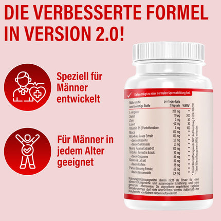 Vihado 4MEN direct 2.0 - Men's Capsules Extra Strength - IMMEDIATE high-dose formula - with L-Arginine, Maca, Tribulus Terrestris, Ginseng, 60 Capsules