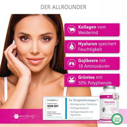 Premium Collagen Hyaluronic Acid Complex - with the superfood goji berry and green tea - 180 collagen capsules from grass-fed beef. 1000mg collagen hydrolysate, biotin, selenium, zinc, vitamins C, B2, and B3.