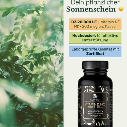 Luondu Vitamin D3 20,000 IU + Vitamin K2 MK7 200 mcg Depot (High Dose &amp; Vegan) high dosage | No additives, Made in Germany (180 Capsules)