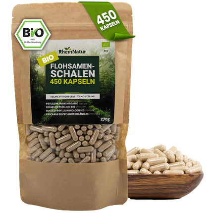RheinNatur Organic Psyllium Husk Capsules - 450 high-dose capsules (3,000 mg per serving) - Made in Germany - Psyllium Husk Fiber - Psyllium Capsules - Supports Digestion