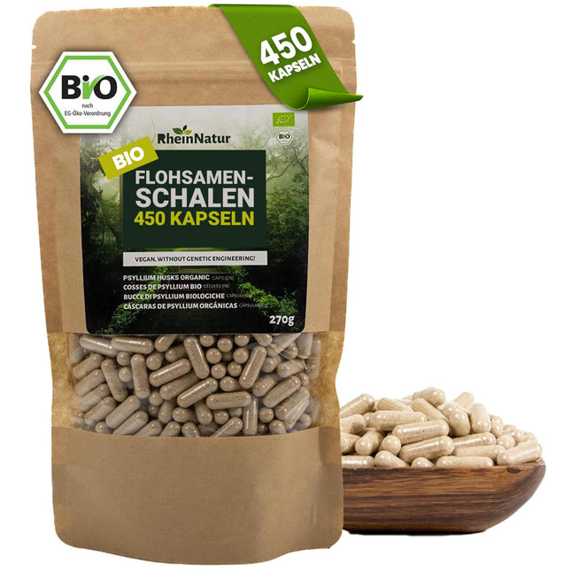 RheinNatur Organic Psyllium Husk Capsules - 450 high-dose capsules (3,000 mg per serving) - Made in Germany - Psyllium Husk Fiber - Psyllium Capsules - Supports Digestion