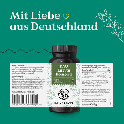 NATURE LOVE® DAO Enzyme Complex – with vitamin B6 for normal energy metabolism* – high dosage – from pea sprout powder, vegan, laboratory-tested