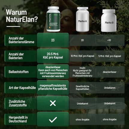Probiotic intestinal cleansing capsules, 23 bacterial strains with active B complex and acacia fiber, enteric coated, vegan, 20.5 billion CFU/daily dose, produced in Germany, 60 capsules, Naturelan