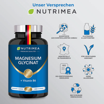 Magnesium Glycinate + Vitamin B6 | Optimal Bioavailability | 1.5 Month Supply | 90 Capsules High Dose Magnesium Citrate + Bisglycinate NO Additives Relaxation Sleep Muscles Nerves Anti Stress