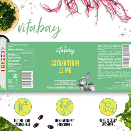 Vitabay Astaxanthin 12 mg High Dose &amp; Vegan - 90 Softgel Capsules Laboratory Tested &amp; No Additives - Natural Astaxanthin