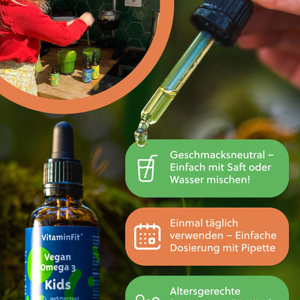 VitaminFit Kids Omega-3 Drops Food Supplement for Children - Liquid - DHA - EPA - ALA - Fish-Free - 100% Plant-Based - Vegan - 50 ml