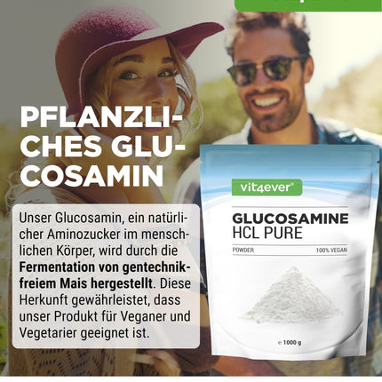 Glucosamine HCL Pure - 1000 g (1 kg) pure powder without additives - From plant fermentation - Laboratory tested - Vegan - High dosage - Premium quality