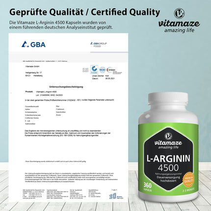 L-Arginine capsules high-dose, 4500 mg per daily dose, 360 capsules of pure L-Arginine HCL from plant fermentation, dietary supplement without unnecessary additives, Made in Germany
