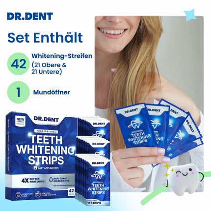 DRDENT Professional Teeth Whitening Strips 21 Applications - Enamel Safe - No Sensitivity - Professional Teeth Whitening Strips - 42 Strips + Mouth Opener Included