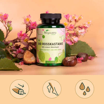 Horse Chestnut Extract Vegavero® | 100% Organic | 800 mg Extract with Vine Leaves &amp; Acerola Vitamin C | Price-Performance Winner 2024* | Aescin &amp; Polyphenols | 120 Vein Capsules | Vegan &amp; No Additives