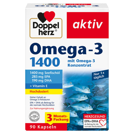 Doppelherz Omega-3 1400 mg - High-dose Omega-3 concentrate plus Vitamin E - High content of Omega-3 fatty acids EPA &amp; DHA - 90 Capsules