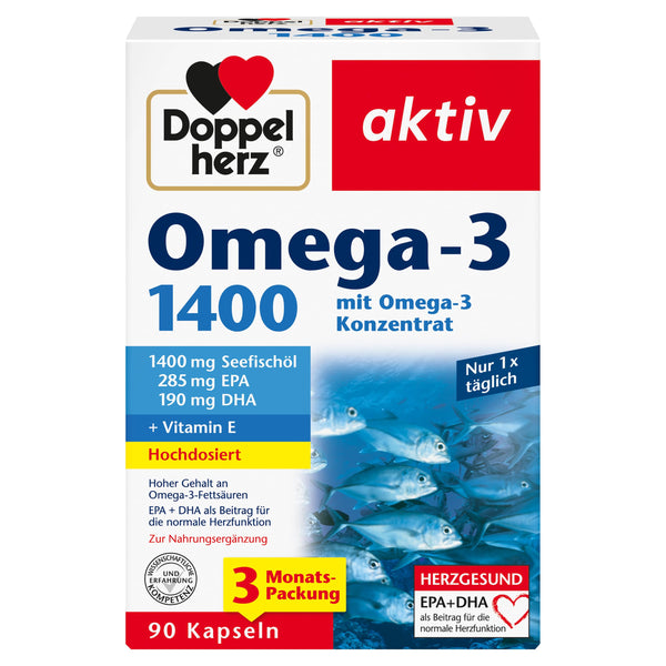 Doppelherz Omega-3 1400 mg - High-dose Omega-3 concentrate plus Vitamin E - High content of Omega-3 fatty acids EPA &amp; DHA - 90 Capsules