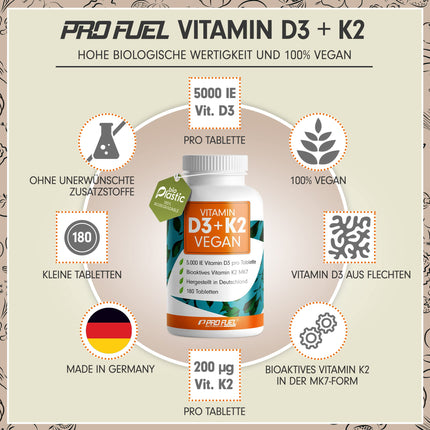 Vitamin D3 K2 VEGAN - 180 tablets with 5000 IU D3 + 200 mcg K2 (MK7) - High-dose and vegan vitamin D3 + vitamin K2 in bioactive MK7 form - laboratory-tested with certificate - Storage pack: 180 tablets