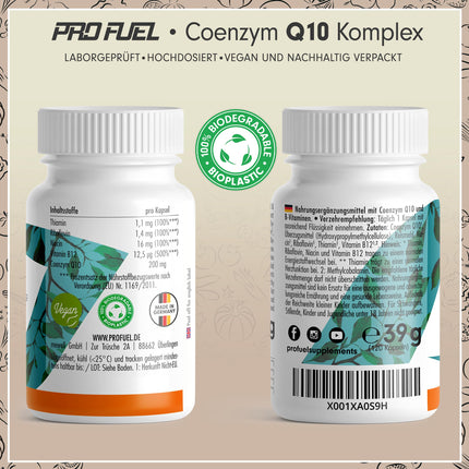 Q10 Capsules High Dose 120x - Coenzyme Q10 Complex with 200mg Coenzyme Q10 + Vitamins B1, B2, B3 and B12 - Energy Metabolism &amp; Heart Function - Laboratory Tested with Certificate - 4 Month Supply
