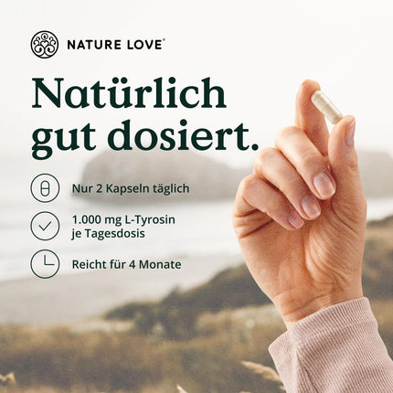 Nature Love L-Tyrosine 240 vegan capsules - 1000 mg per daily dose - 4-month supply - from fermentation, laboratory-tested and produced in Germany - no unwanted additives