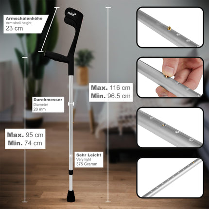 Crutches Black Pair Classic 140 Kg Forearm Crutch from Ossenberg with Ergo Soft Grip Walking Aid Pulox Design