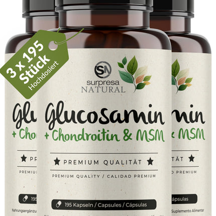 Surpresa Natural Glucosamine Chondroitin &amp; MSM Capsules High Dose I 3 x 195 Capsules I 4500 mg per daily dose I Dietary supplement without additives &amp; laboratory tested I 1 month supply